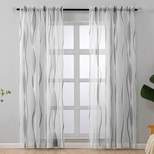 L.Z.E Grey and White Sheer Curtains 84 Inch Long 2 Panels Set, Light