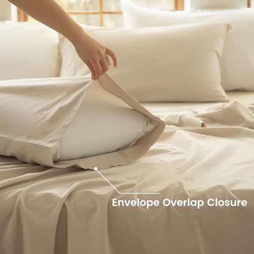 BISELINA 100% Washed Cotton Sheet Set 3 Pcs - 1 Fitted Sheet, 1 Flat