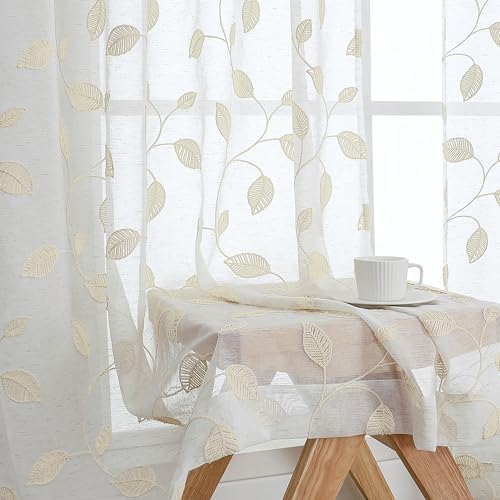 OVZME Natural Sheer Curtains 63 Inch Length 2 Panels Set, Leaf