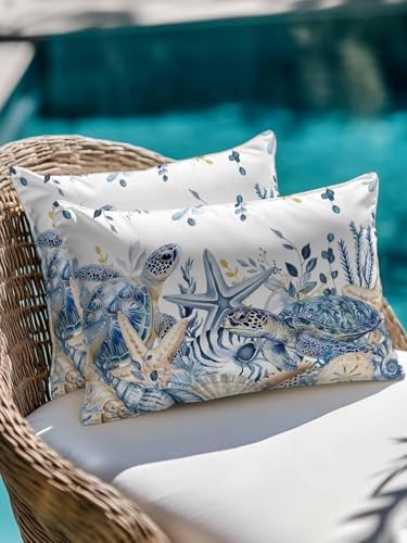 Outdoor Pillows Waterproof, Blue Turtle Coastal Bedding Throw Pillows