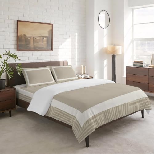 White Frame Twin Size 4 Piece Duvet Cover Set, Minimalist Sand Border