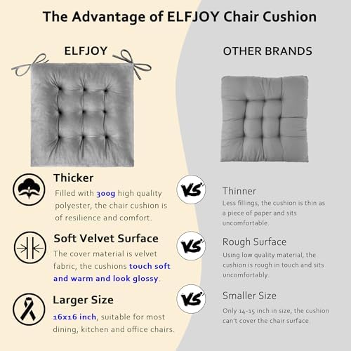 ELFJOY 4 Pack Chair Cushions for Dining Chairs with Ties Grey 16"x16"