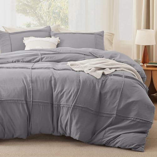 Bedsure Grid Boho Duvet Cover Queen, Textured Bedding, 3-Piece, Grey