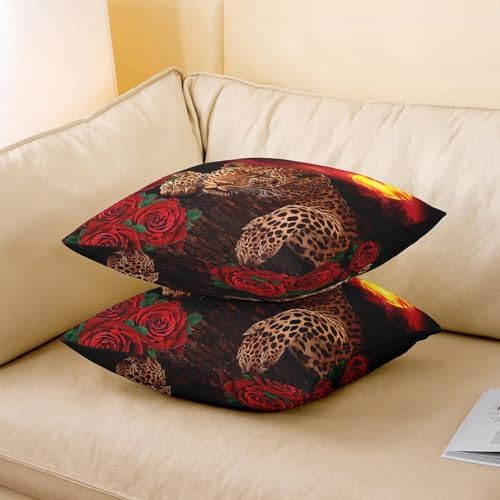 Leopard Rose Pillow Covers 22x22 Set of 2 Cheetah Floral Print
