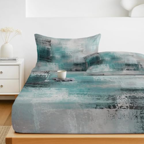 Fitted Sheets Elastic Deep Pocket Bed Sheet Twin XL Cyan Gray Graffiti