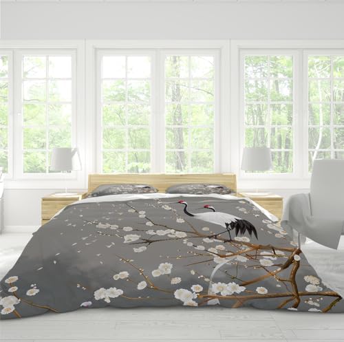 Chic White Cherry Blossom Duvet Cover Japanese Crane Bedding Set Gray