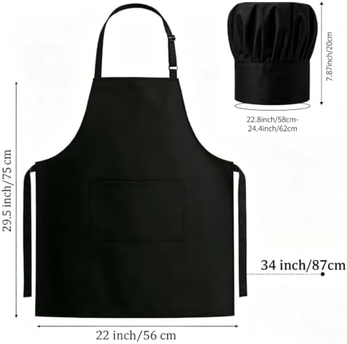 Black Chef Apron and Hat Set, 12 Aprons + 12 Hats, Bulk Pack