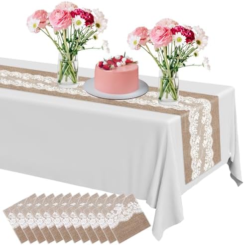 Newwiee 12 Pack Plastic Table Runner 14 x 108 Inch Natural Burlap