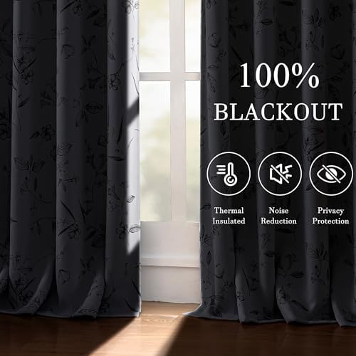 ChrisDowa 100% Grey Blackout Floral Curtains 96 Inches Long 2 Panels
