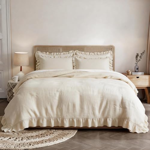 100% French Linen Ruffle Duvet Cover Set 3pcs, Soft Breathable Natural
