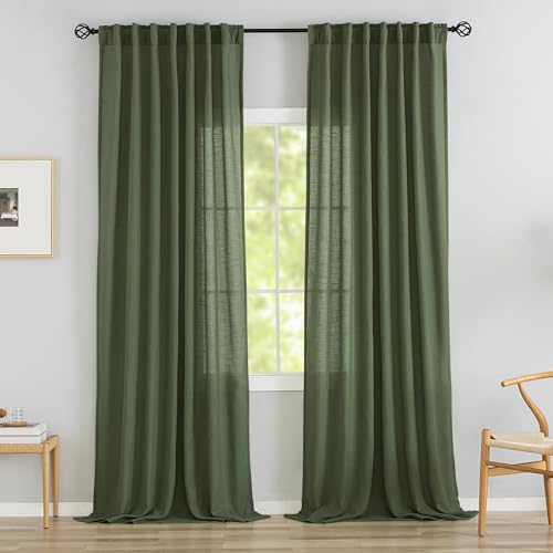 Olive Green Linen Back Tab Curtains 96 Inches Long 2 Panels Set for