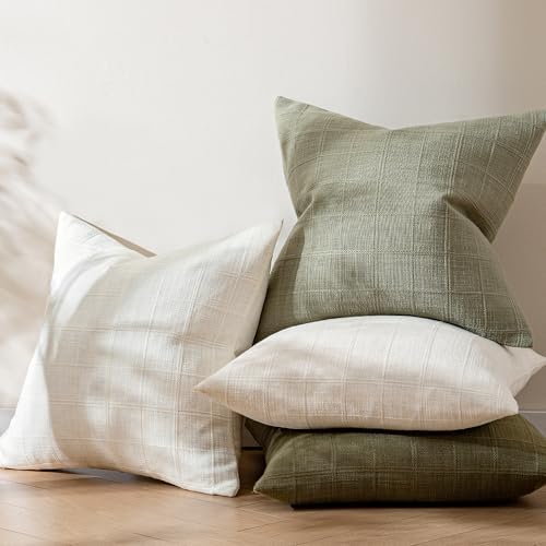 Set of 4 Green Pillow Covers Decorative Plaid Cushion 20x20 Inch