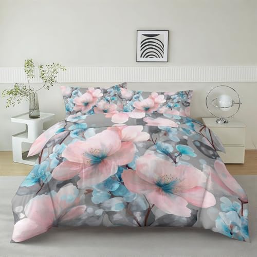 Watercolor Flowers Plants King Duvet Cover Set, Soft Microfiber