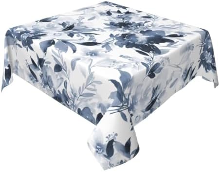 Navy Blue Floral Tablecloth 60x60 Inch Square, Dark Blue and White