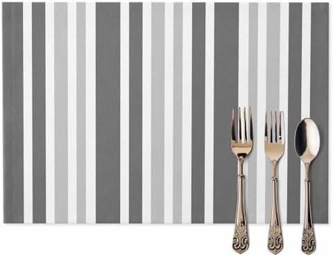 Gray Geometric Placemats Set of 8, Contrast Stripes Washable Cotton