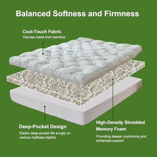 Whatsbedding Memory Foam Mattress Topper, 5 Inches Bamboo Viscose