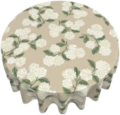 Beige Floral Round Tablecloth 70 Inch Khaki Green Hydrangea Flower