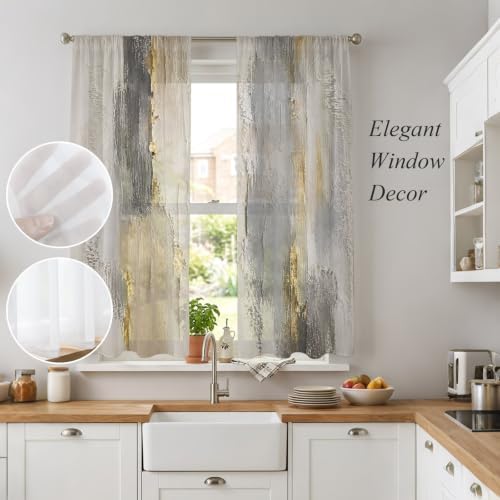 Textured Plaster Window Sheer Curtain Minimalist Abstract Gray Beige
