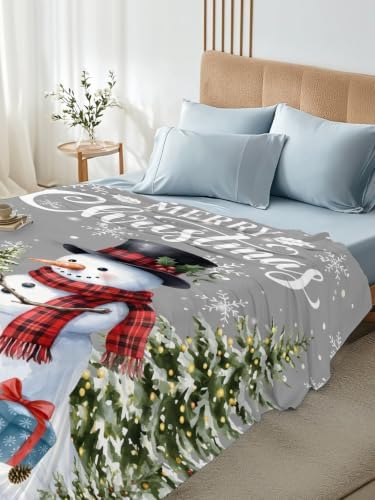 Cal King Size Flat Sheet Only, Winter Snowman Snowflake on Gray Bed