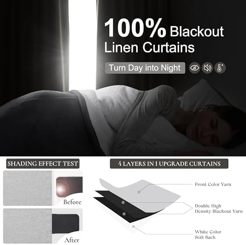 Light Gray 100% Blackout Linen Curtains 120 Inches Extra Long 2 Panels