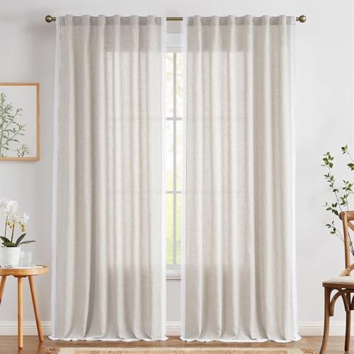 Beige Linen Curtains 63 Inch Long for Bedroom Living Room Semi Sheer