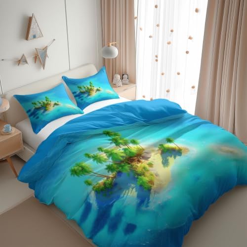 King Duvet Cover Set Soft Microfiber Tropical Islands Blue