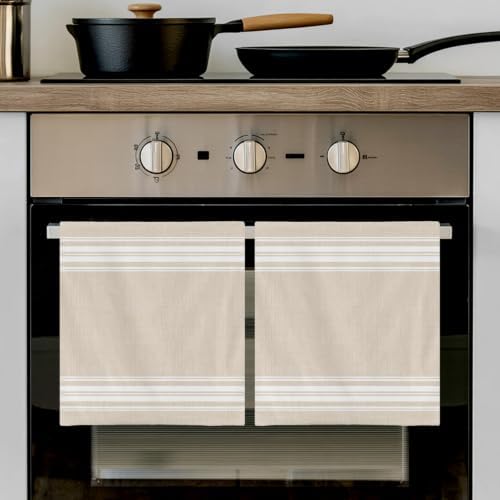 Cream Striped Kitchen Towels Set of 3, Absorbent Dish Towels for