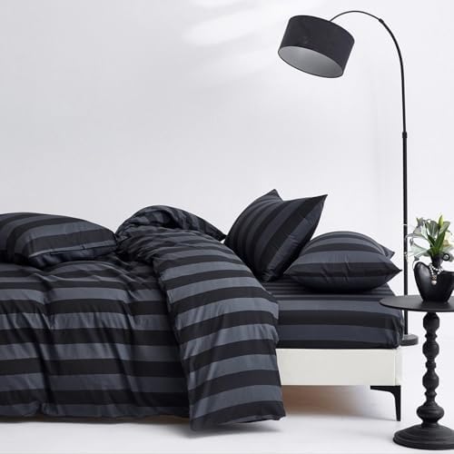 Black Dark Gray Stripe Duvet Cover Set King 100% Cotton Twill Bedding