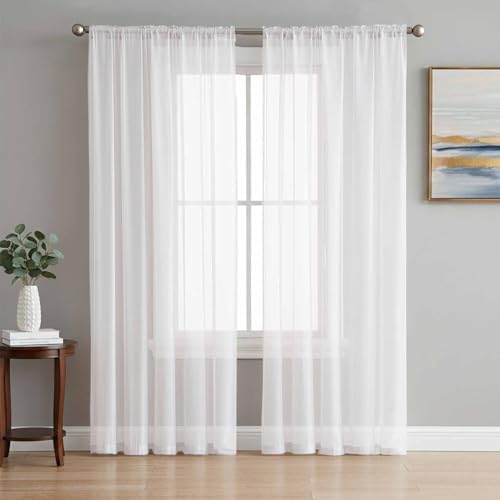 Pure White Sheer Curtains for Living Room 108 inch Length 2 Panels