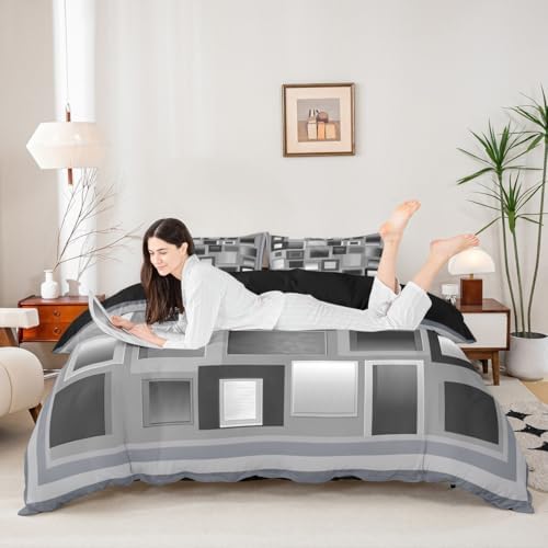 Castle Fairy Modern Duvet Cover Queen Size,Gray and White Square