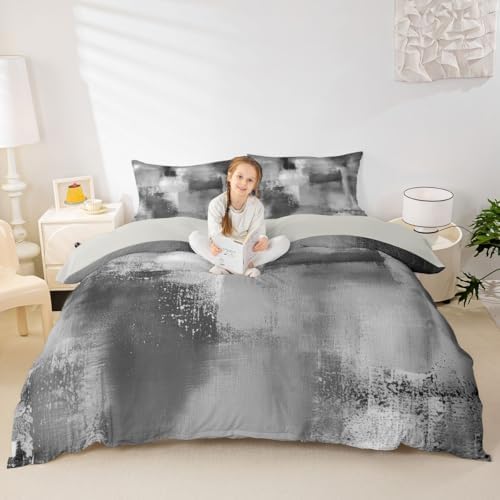 jejeloiu Gray White Duvet Cover Queen Size Modern Abstract Comforter