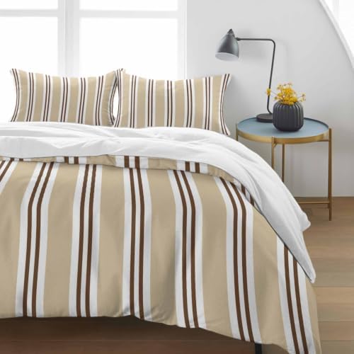 Sand Beige Stripes King 4 Piece Duvet Cover Set, Brown White Khaki