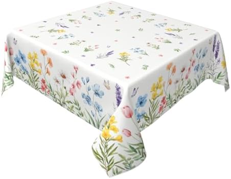 Spring Floral Tablecloth Square 60x60 Inch Green Pink Blue Yellow