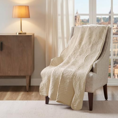 Beige Quilted Throw with Scalloped Edges, 60x72 inch Cotton Quilt Set