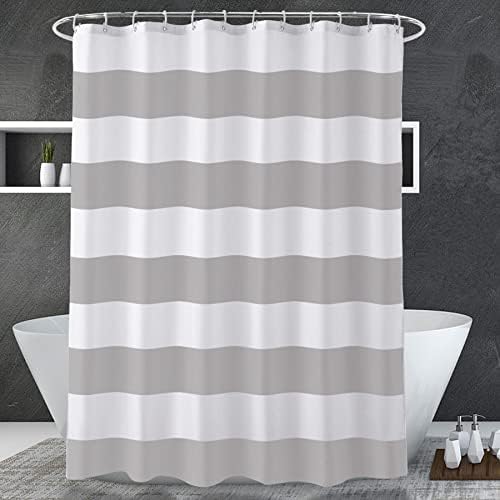 AmazerBath Grey and White Shower Curtain Fabric, Striped Shower