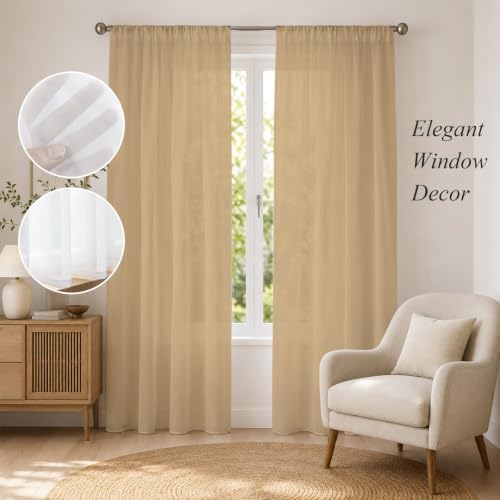 Beige Sheer Curtains 108 Inch Long 2 Panels Solid Color Beige