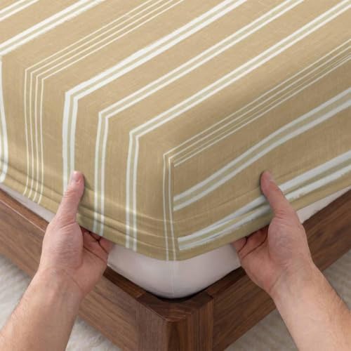Twin XL Fitted Sheet Deep Pocket, Beige Sand Minimalist Striped Soft