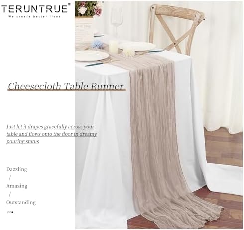 Teruntrue 10 Pack Taupe Cheesecloth Table Runner 17x108 Inch, Boho