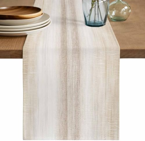 Khaki Table Runner 72 inches Long Abstract Light Beige Ombre Linen