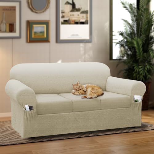 Sofa Slipcover with Armrest Pockets 4-Piece Set, Stretch Faux Leather