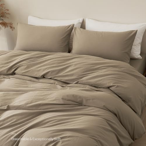 JELLYMONI 100% Cotton Queen Duvet Cover Set, Washed Linen-Like Texture