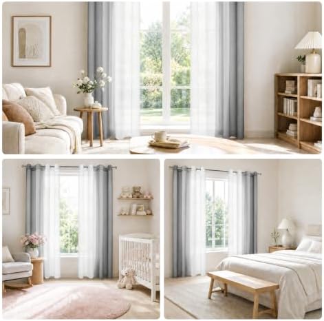 Semi Sheer Curtains 63 inches Long for Living Room Ombre Gray