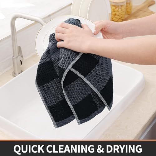 Homaxy 100% Cotton Kitchen Towels and Dishcloths Set of 16, Black &