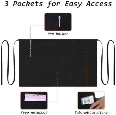 12 Pack Server Aprons With 3 Pockets Black Waist Apron Black Aprons