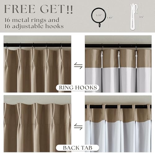 Light Brown Pinch Pleated 100% Blackout Linen Bedroom 96 Inch Curtains