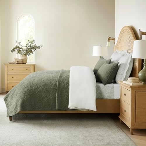 EVERGRACEHOME 100% Cotton Paisley Quilt Set, Queen Size, Olive Green