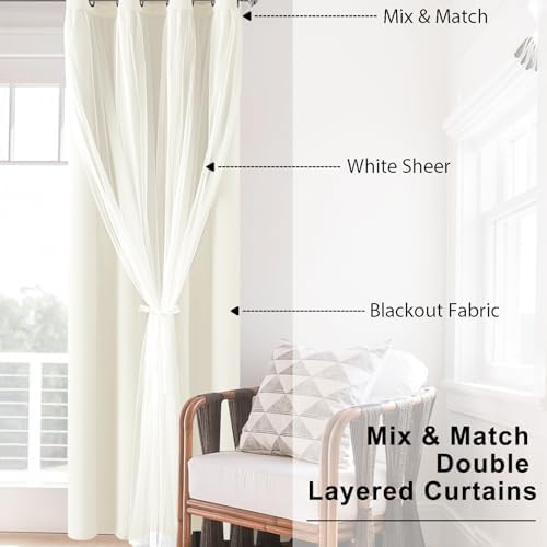 Hiasan Blackout Curtains with Sheer Overlay, Ivory, 52W X 108L, 2pcs