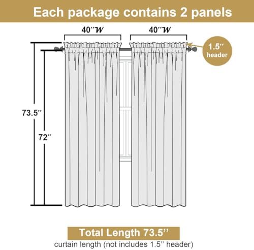 Lecloud Bessie Ivory Curtains 72 Inches Long 2 Pcs, Dual Rod Pocket