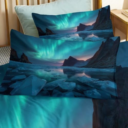 California King Duvet Cover Set Northern Lights Mountain Rocks Soft