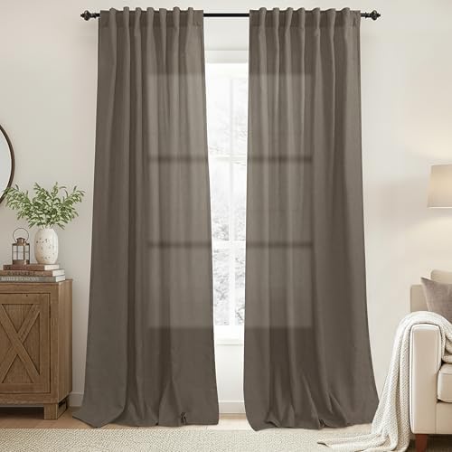 KOUFALL Dark Brown Linen Curtains 96 Inch Long 2 Panel Set Elegant